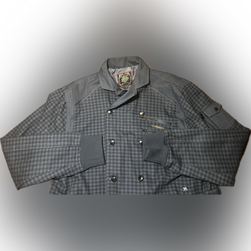Live Mechanics Canvas Checked Plaid Gray Streetwear Moto Grunge Stud Coat 2XL - Picture 5 of 16
